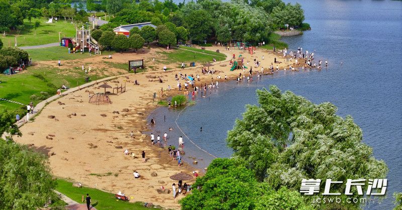 在阳光、白云的映衬下，西湖公园沙滩变身“海滩”，不少市民带着孩子来此游玩嬉戏。均为长沙晚报全媒体记者 邹麟 郭雨滴 摄影报道